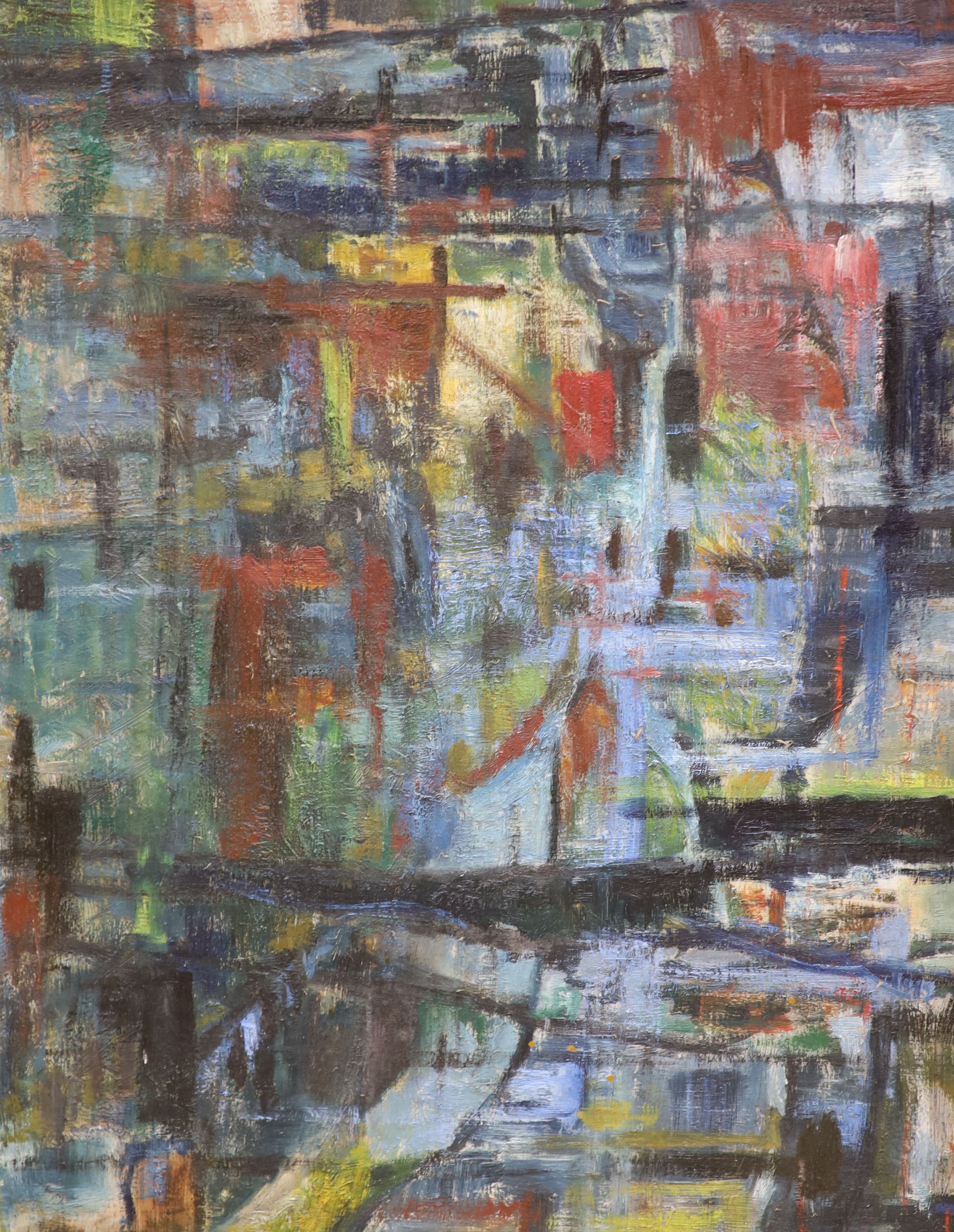 An early 20th century continental abstract composition, polychrome with crucifix motifs, indistinctly signed lower left, oil on canvas, 50 x 63 cm.